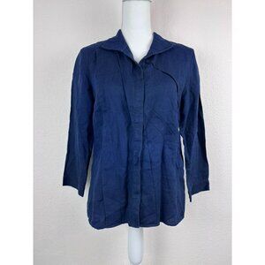 Lafayette 148 women's 6 navy blue linen pleated collared button down 3/4 sleeve